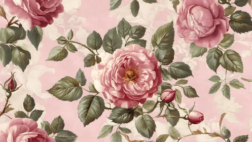 Patterned pink roses with green foliage on pastel ground.