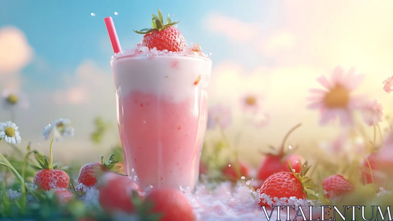 Strawberry milkshake glass stands among flowers and ice