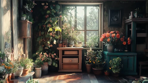 Sunlit cottage window garden with lush potted blooms.