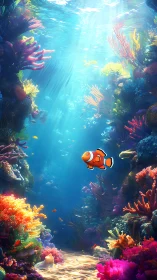 Curious clownfish gliding through a glowing coral paradise.