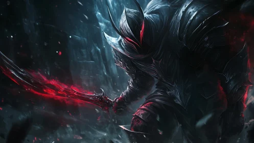 Armored void knight with crimson energy greatsword stance.