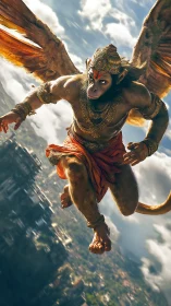 Winged monkey warrior carves a blazing path through clouds