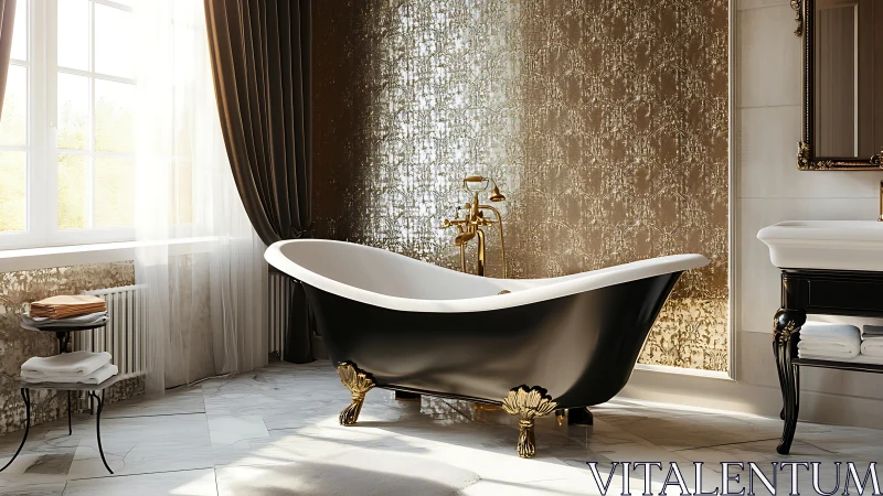 Black clawfoot bathtub anchors sunlit luxury marble bathroom
