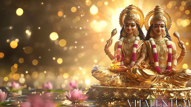 Golden twin deities on lotus pedestal amid radiant bokeh glow.