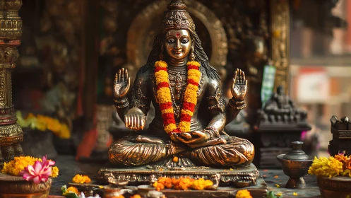 Gilded Hindu deity statue adorned with marigold garlands.