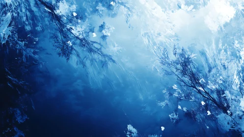 Abstract winter landscape with icy blue tones and painterly style.