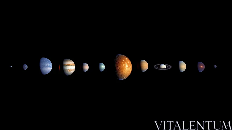 Solar system planets aligned against black space field.