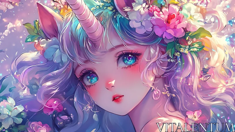 Pastel unicorn girl portrait with floral crown and glow.