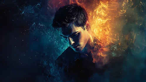 Brooding man emerges between blue smoke and blazing fire