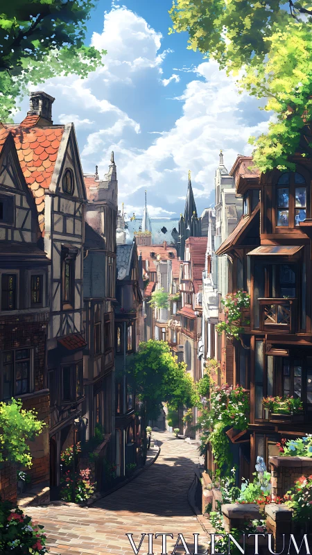 Sunny medieval alley with timbered houses and flowers.