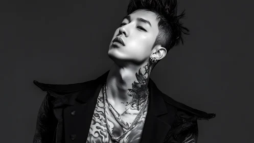 Monochrome cyber-chic portrait with high-contrast inked anatomy.