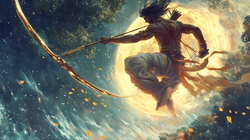 Heroic archer leaps before a glowing celestial moon portal