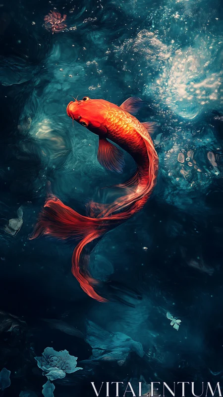 Red koi fish in deep blue water with scattered petals.