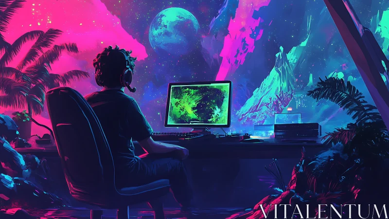Neon cosmic workstation in immersive digital painting style.
