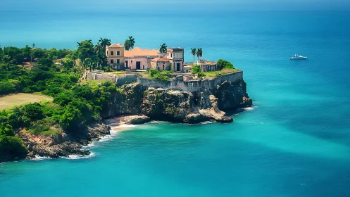 Seaside Palazzo on Rocky Headland with Turquoise Waters.