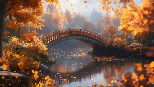 Autumn bridge arches over a tranquil river in golden light
