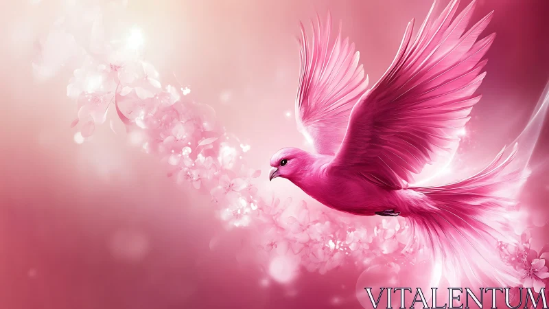 Pink bird in mid flight over soft floral background.