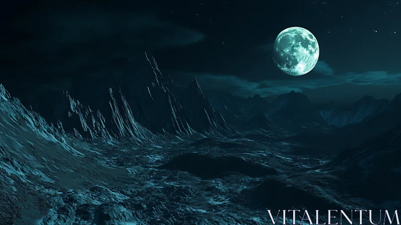 Icy alien valley stretches under luminous turquoise moon