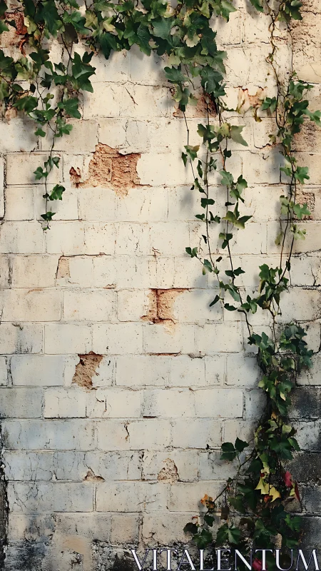 Quiet ivy climbing across a weathered pale brick wall.