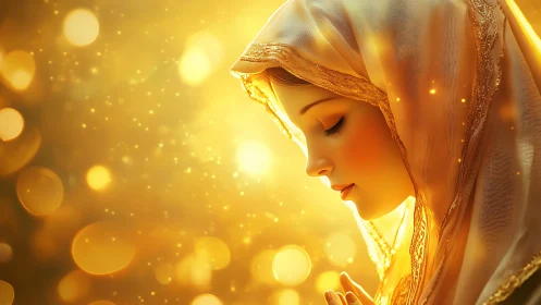 Serene veiled woman in glowing golden light profile.