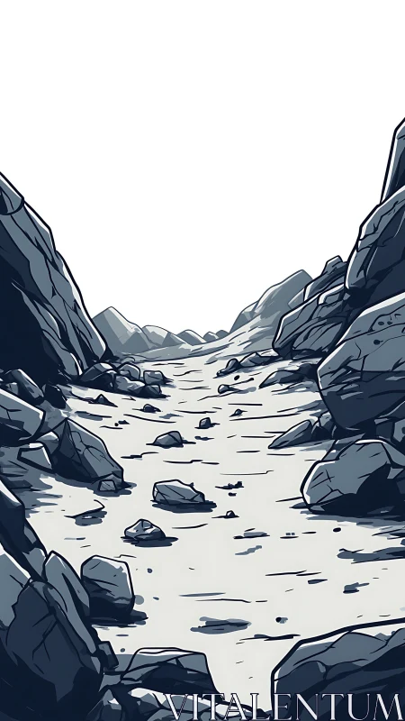 Narrow rocky canyon corridor with stylized dry riverbed path.