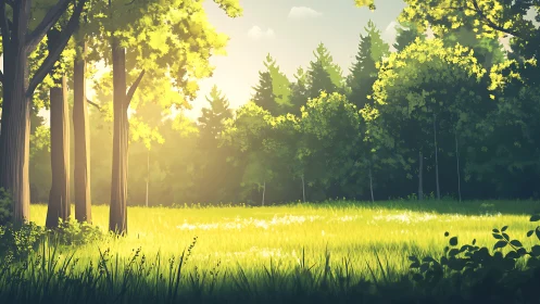 Forest clearing with deciduous and coniferous trees at daylight.