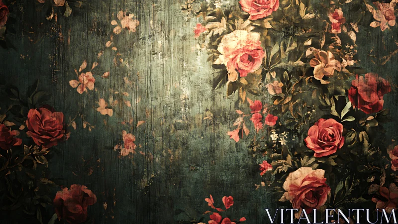 Faded garden roses drift softly across a weathered wall