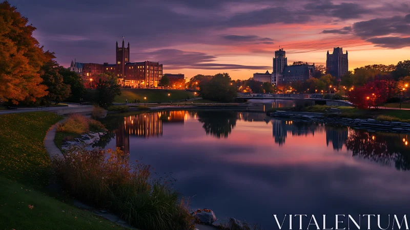 Twilight city skyline mirrored on calm reflective riverside pond.