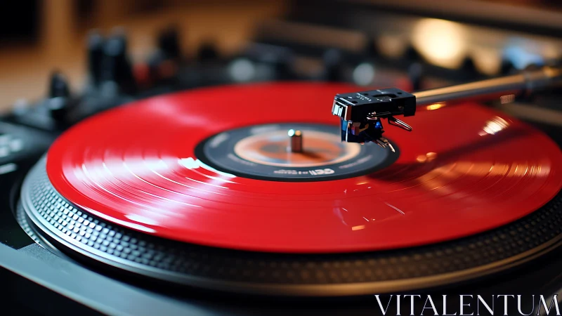 Vibrant red vinyl record spins on a sleek turntable deck