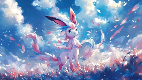 Pastel fox creature under swirling sky and petals.
