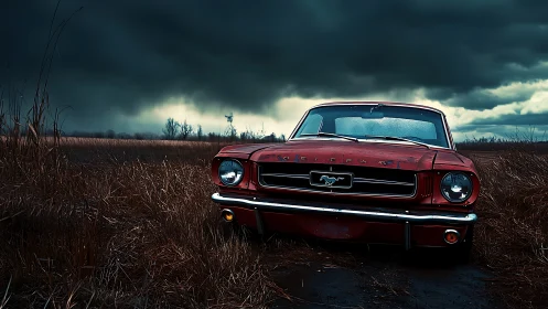 Red classic Mustang parked in stormy rural grassland field.