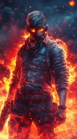 Masked cyber soldier emerges from blazing inferno of fire.