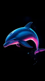 Playful neon dolphin gliding through a dreamy dark sea.