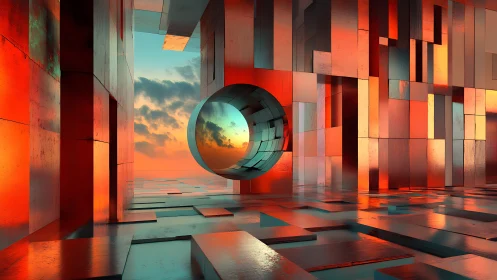 Reflective cubic corridor frames horizon through suspended portal