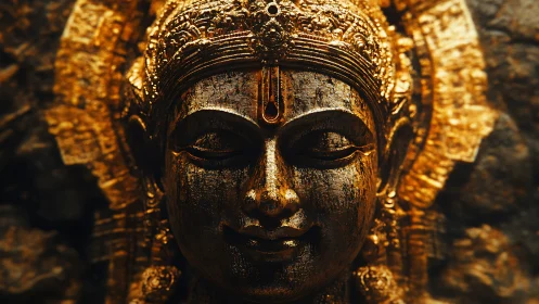 Golden carved deity face with ornate halo and textured patina.