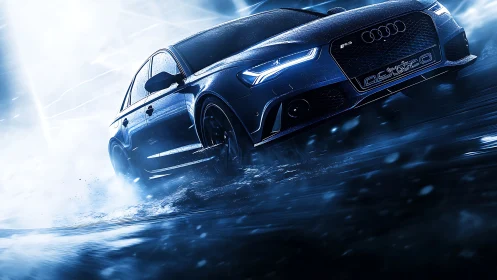 Dynamic 3D render of performance car in high-speed wet drift.