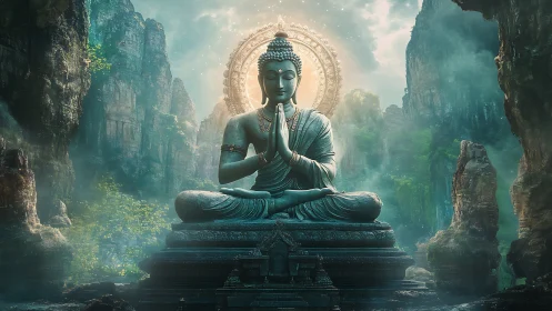 Quiet mountain Buddha under a glowing halo of soft light.