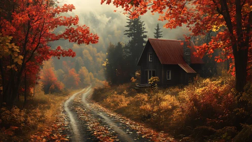 Autumn forest cabin beside winding leaf-strewn country road.