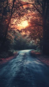 Forest pathway converges toward dramatic golden sunset through dense arching canopy