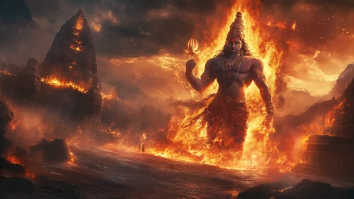 Colossal fire deity strides through burning temple realm.