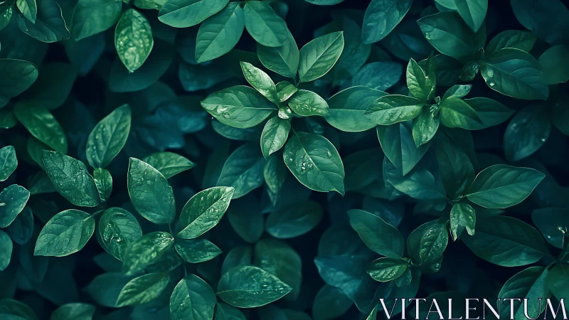 Dense green foliage with wet leaves in soft cool light.