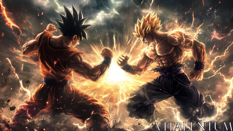 Opposing anime fighters in energy clash amid storm field.