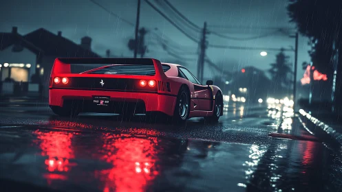 Aerodynamic supercar in nocturnal rain with reflective wet asphalt.