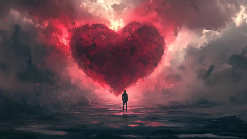 Solitary Figure Confronts Luminous Heart Formation Amid Cosmic Tempest