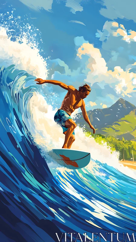 Sunlit surfer riding a vibrant tropical ocean wave.