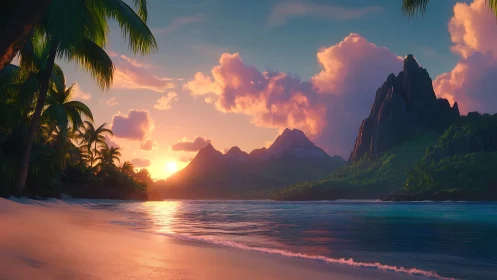 Tropical Coastline at Sunset with Mountain Formation.