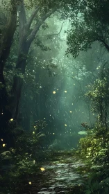 Enchanted Forest Path Illuminated by Magical Fireflies and Rain