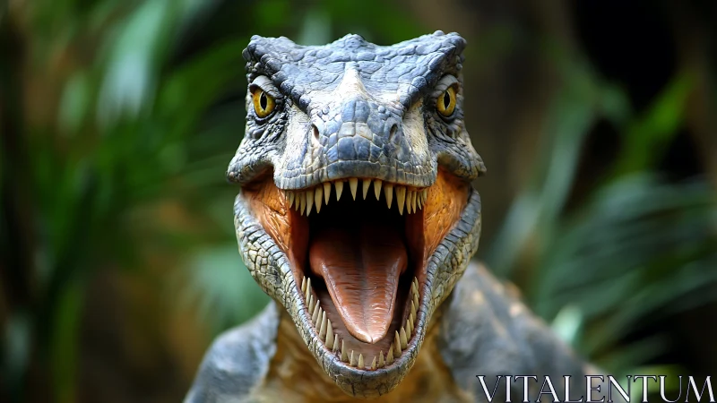 Ferocious dinosaur roars amid lush jungle foliage in focus