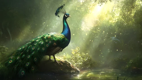 Emerald peacock poised in luminous jungle clearing at dawn.