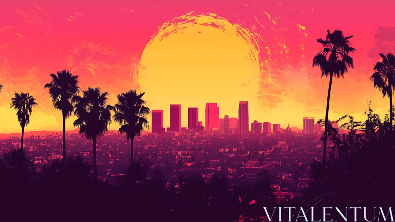 Urban skyline with palm trees under stylized sunset glow.